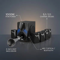 1000W Surround System 5 Wired Satellite Audio Speakers 8 Inch Subwoofer 5.1/2.1 Channel Home Theater Deep Bass Support ARC Optical Bluetooth Karaoke Input — infographic