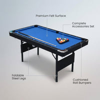 3-In-1 Blue Portable Pool Table with Billiard Balls, Brush, Triangle Rack — infographic