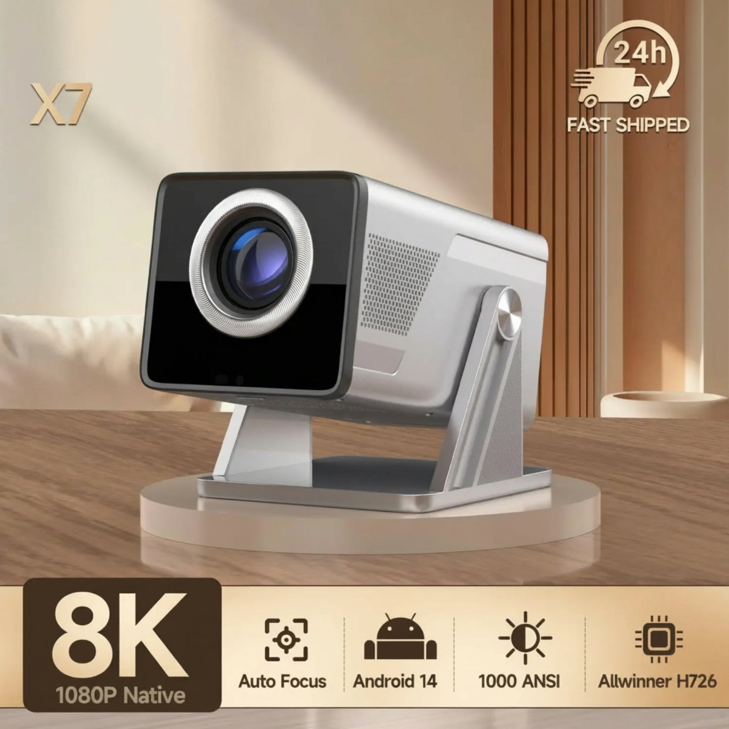 8K Support HD 1080P 1000ANSI X7 Projector with 5W Speaker Android 14 Wifi6 BT5.4 Outdoor Video Home Theater Projector