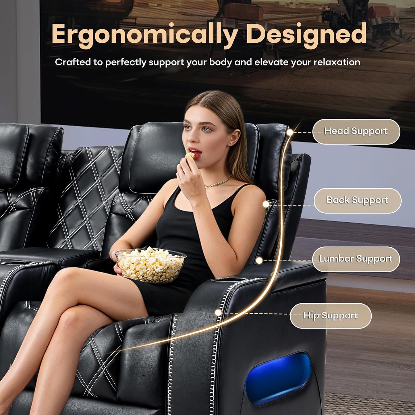 Home Theater Seating, Power Reclining Sofa with Adjustable Headrests, PU Leather 3 Seat Recliner Sofa Couch Set with Ambient Lighting, Cup Holders, USB & Type C Ports, Armrest Storage, Black