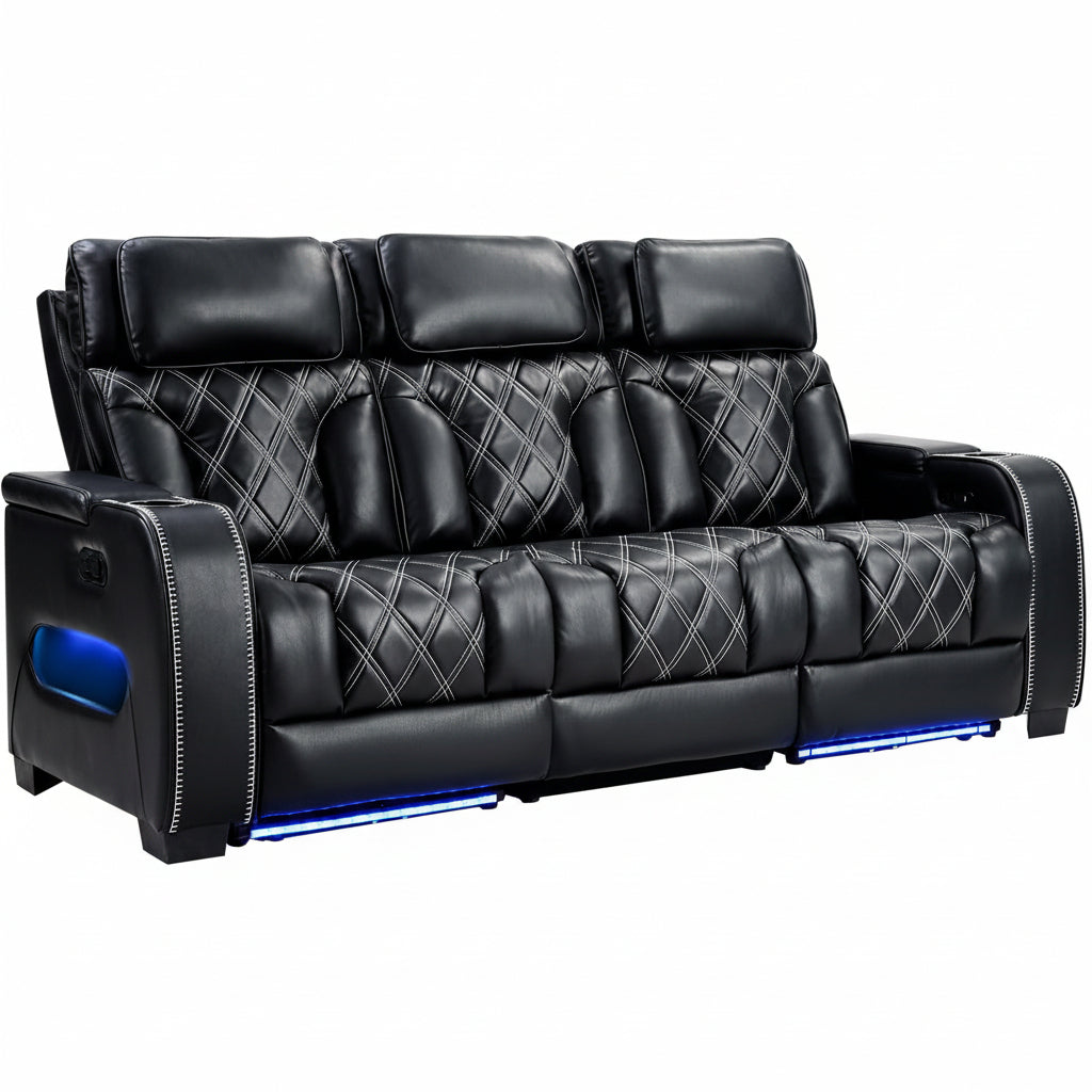Home Theater Seating, Power Reclining Sofa with Adjustable Headrests, PU Leather 3 Seat Recliner Sofa Couch Set with Ambient Lighting, Cup Holders, USB & Type C Ports, Armrest Storage, Black