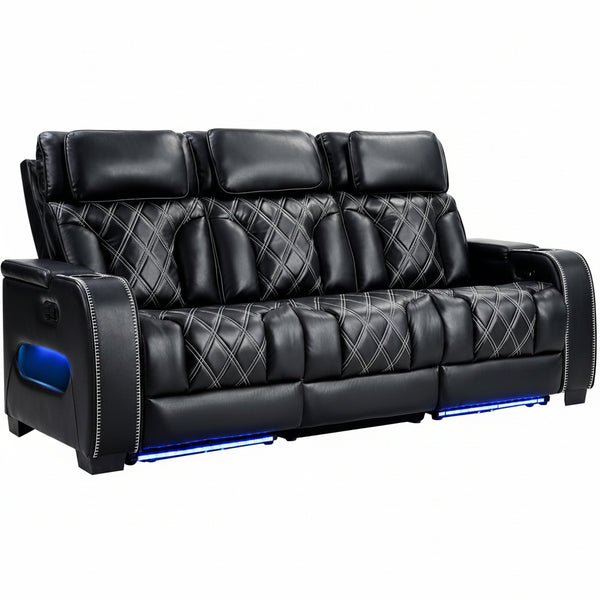Home Theater Seating, Power Reclining Sofa with Adjustable Headrests, PU Leather 3 Seat Recliner Sofa Couch Set with Ambient Lighting, Cup Holders, USB & Type C Ports, Armrest Storage, Black