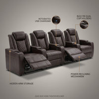 Home Theater Recliners Built for Premium Comfort, Power Reclining, USB Ports, Quad Seating Configuration — infographic