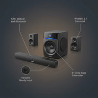 Wireless Surround Sound System Home Theater System, 1000W Surround Speakers 8" Subwoofer 5.1/2.1 Channel Deep Bass with ARC Optical Bluetooth Karaoke Input — infographic