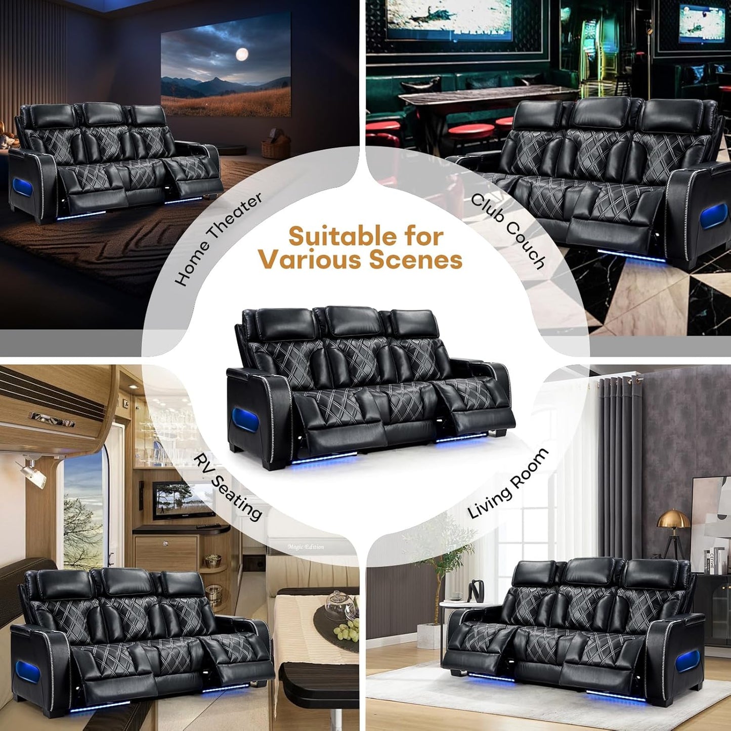 Home Theater Seating, Power Reclining Sofa with Adjustable Headrests, PU Leather 3 Seat Recliner Sofa Couch Set with Ambient Lighting, Cup Holders, USB & Type C Ports, Armrest Storage, Black