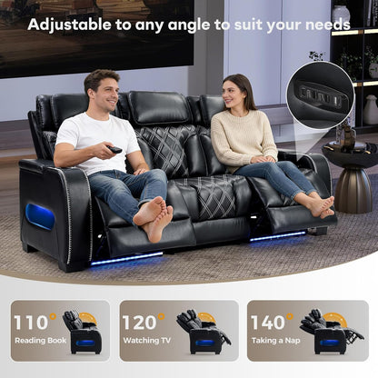 Home Theater Seating, Power Reclining Sofa with Adjustable Headrests, PU Leather 3 Seat Recliner Sofa Couch Set with Ambient Lighting, Cup Holders, USB & Type C Ports, Armrest Storage, Black