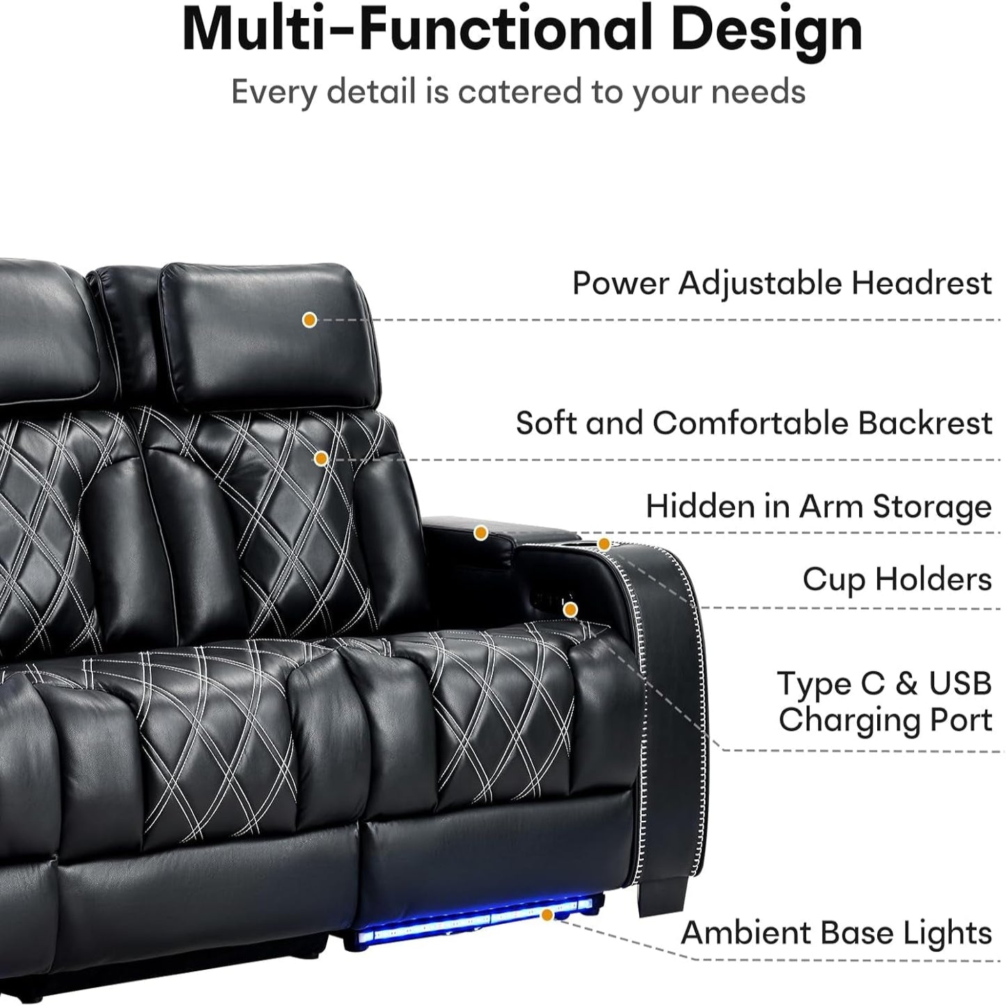 Home Theater Seating, Power Reclining Sofa with Adjustable Headrests, PU Leather 3 Seat Recliner Sofa Couch Set with Ambient Lighting, Cup Holders, USB & Type C Ports, Armrest Storage, Black