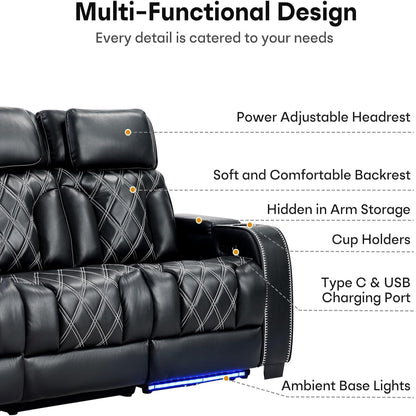 Home Theater Seating, Power Reclining Sofa with Adjustable Headrests, PU Leather 3 Seat Recliner Sofa Couch Set with Ambient Lighting, Cup Holders, USB & Type C Ports, Armrest Storage, Black