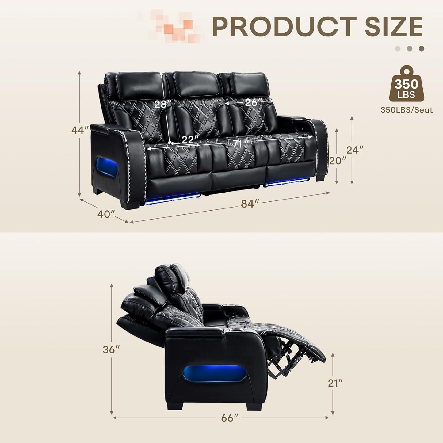 Home Theater Seating, Power Reclining Sofa with Adjustable Headrests, PU Leather 3 Seat Recliner Sofa Couch Set with Ambient Lighting, Cup Holders, USB & Type C Ports, Armrest Storage, Black
